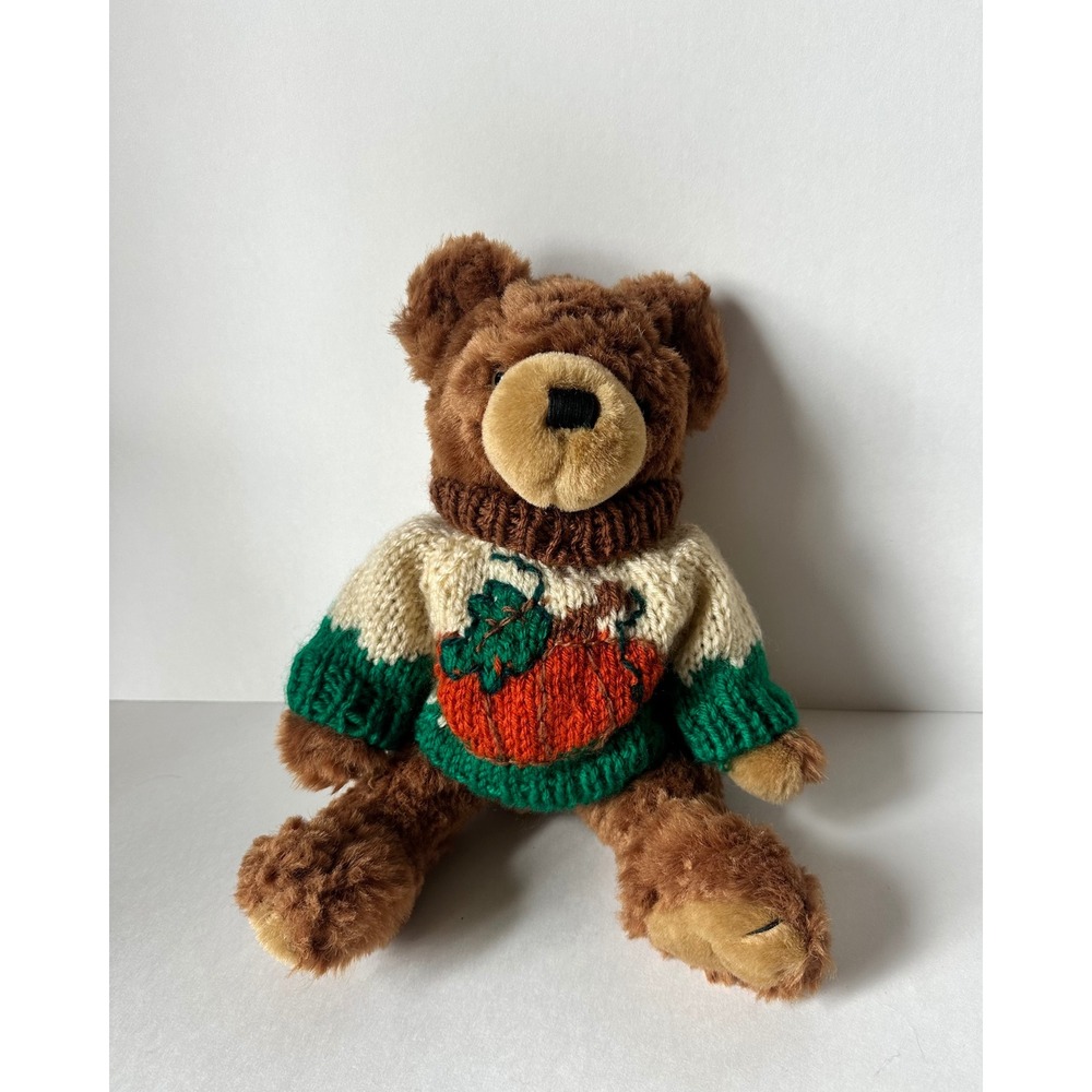 Vintage MTY International Brown Teddy Bear in Knit Pumpkin Sweater Plush 10 Inch